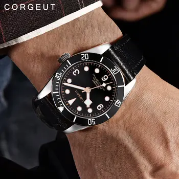 Corgeut 41mm Black Dial Miyota Mechanické Pánske Hodinky Kožený Remienok Luxusné Svetelný Nepremokavé Diver Automatic Náramkové hodinky Mužov