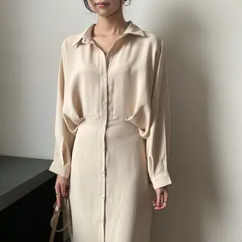 Jar Leto Vintage jednofarebné dámske Office Košeľu francúzsky Štýl Voľné Dlhým Rukávom Mixi Šaty 2021 Femme Župan