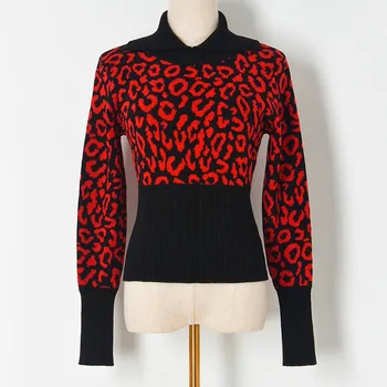 2021 Jeseň Zima Ženy Sveter Pulóvre Leopard Tlač Sexy Zrastov Topy Značky Dizajnér Bežné Streetwear Vintage Kórejské Oblečenie