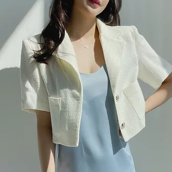 Kórejský Elegantné Sladké Elegantné Tweed Bunda, Kabát Ženy 2021 Lete Vintage Plodín Top Dámy Tlačidlo Silm Krátke Kabáty Vlnené Outwear