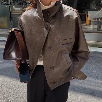 Nové Pu Faux Kožené Sako Ženy Patria Brown Turn-dole Krku Voľné Žena Kožušinový Kabát na Jeseň Long-sleeve kórejské Oblečenie Dráhy