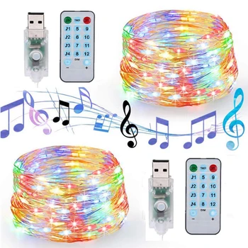 USB Aktivované Zvukom LED Hudba String Svetlo Diaľkové Ovládanie 5M 10M Medený Drôt Fariy Garland Svetlo pre Svadobné, Vianočné Dovolenku