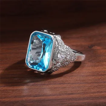 WUKALO Veľké Námestie Svetlo Modrý Kameň Prstene pre Ženy 925 Silver AAA CZ Kameň Lady Finger Krúžok Výročie Darček Módne Šperky