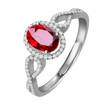 Luxusné Žena 925 Silver Svadobné Svadobné Krúžok Elipsovitý Rez Red Crystal Zirkón Kameň Otvorte Nastaviteľné Zásnubné Prstene pre Ženy