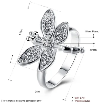 Hot Predaj 925 Striebro Prstene Hmyzu Dragonfly Crystal Prstene Pre Ženy, Dievča, Strieborná Farba Prstene, Svadobné Šperky, Darčeky