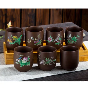 4 Ks/set Retro Fialová Hliny Čajových Šálok Yixing Surovej Rudy Teacups Ručne Maľované Kvety Vzor Čajové Misky Teaware Príslušenstvo