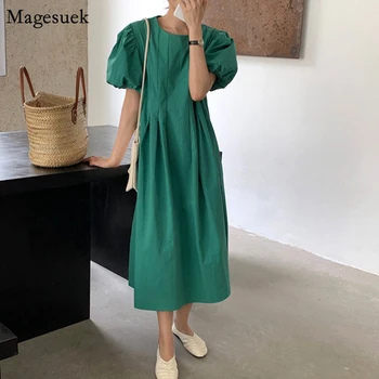 Skladaný Žena Šaty Letné 2021 Plus Veľkosť Voľné Vintage Zelené Šaty Kórejský Lístkového Krátky Rukáv Pevné Dlhé Šaty Vestidos 15093