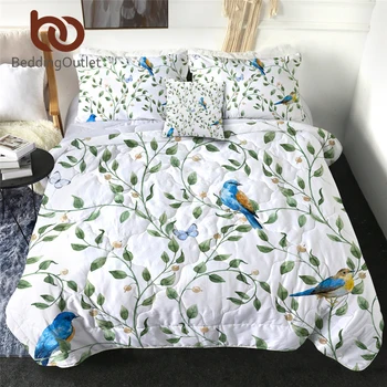 BeddingOutlet Vták posteľná bielizeň Hodiť Zelenej Listovej Rastlín Tenkú Prikrývku, Modrá klimatizácia Obliečky Akvarel Cumlík Nastaviť colcha de cama