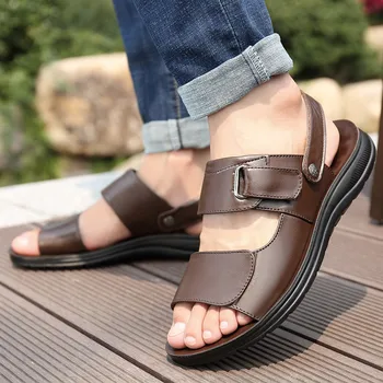 Slip-on hook-slučky platformu obuv muži sandále pravej kože pevné zapatos de hombre bežné byty priedušná sandále pánske topánky