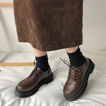 Čierna Vintage Brown Bytov Topánky Ženy 2021 Jar Leto Módne, Pohodlné Kožené Platformu Oxfords Mokasíny Bežné Lodné Topánky