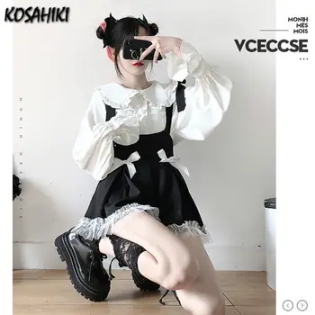 KOSAHIKI Japonskom Štýle Gothic Lolita Sady Dievčenskú Sladké Kawaii Luk Tylu Patchwork Šortky, Nohavice, Biela Blúzka Ženy Roztomilý Oblečenie
