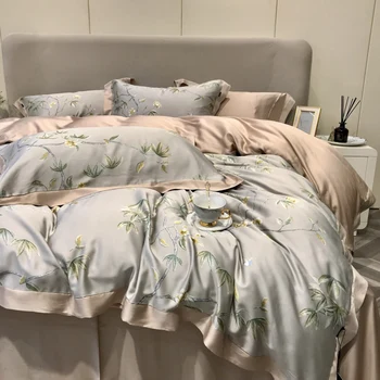 Bambusové vlákno posteľná bielizeň nastaviť satin hodvábny pocit, kvetinové mäkkú perinu bedlinen Európskej pastoračnej štýl 4pc TUTUBIRD prehoz cez posteľ
