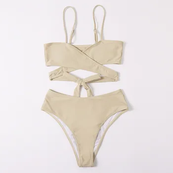 PLAVKY Sexi Pevné Nahé Vysoký Pás Bikini Set Kríž Obväz Plavky Ženy 2021 Plavky Plávať Pláž Nosiť plavky