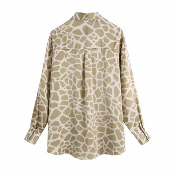 Dlhý rukáv khaki leopard satin tričko retro plus veľkosť hming-štýl za ženy 2021 sheining vadiming, blúzky, košele BGB1108