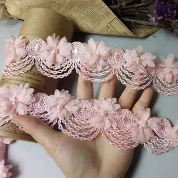 10X Pink Pearl Šifón Kvet Vyšívané Čipky Orezania pása s nástrojmi Kvetinový Nášivka Textílie Ručné DIY Svadobné Šaty, Šitie Plavidlá