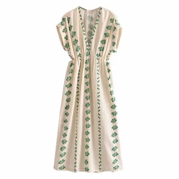 Za 2021 Letný Kvetinový Tlač Vystrihnúť Dlhé Šaty Ženy Krátke Rukáv V Krku Ruching Vintage Pláži Zelené Šaty Žena Vestidos