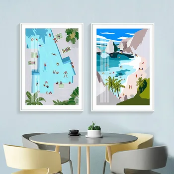 Plátno Maľby, Kreslené Bazén Letné Prímorské Dovolenky Ilustračné Plagáty a Tlačí na Steny Umenie Fotografie pre Home Decor