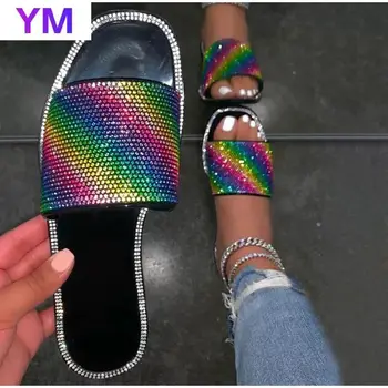 2021 Papuče Ženy Lete Crystal Luxusné Listov Štvorcové Prst Dizajnér Ploché Gumové Základné Zapatillas Casa Mujer Sapato Feminino 43