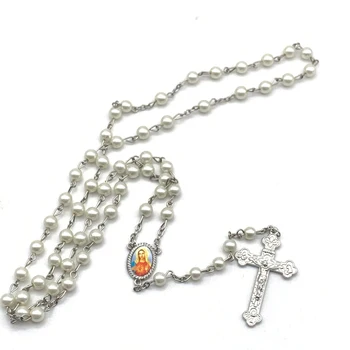 White Pearl Ruženec Kríž Náhrdelník Katolíckej Kresťanské Panny Trojuholník Modlitba Perličiek Náhrdelník