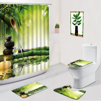 Zen Stone Kúpeľňa Nastaviť Sprchový Záves Flanelové Non-Slip Koberec, Wc Kryt Mat S Hákom 3D Zelený Bambus Kvetu Rastlín Vaňa Záclony