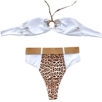 Bikini Set Ženy Sexy Šitie Leopard Tlač s uväzovaním za Obväz Rozdeliť Dva-dielna Vysoko strede zúžený Pás Plavky Backless Biqini A20