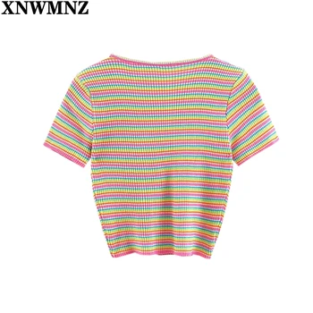 XNWMNZ 2021 Ženy Pruhované tričko Krátky Rukáv dámske Bežné V Krku Singel svojim Pletené T-Shirt Žena Sexi Štíhly Plodín Topy