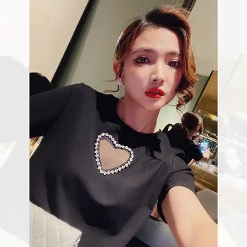 IHOBBY Ženy Bežné tričko Duté Sa Diamond Srdce Kolo Krku Voľné Všetkých Zápas Krátke Sleeve Tee kórejský Móda