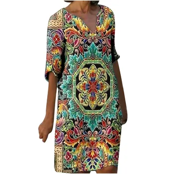 Letné Boho Plážové Šaty Žien Vintage Šaty tvaru Tlač Dlhé Rukávy Šaty na Voľný Čas Na Dovolenku Sundress Femme #t2g