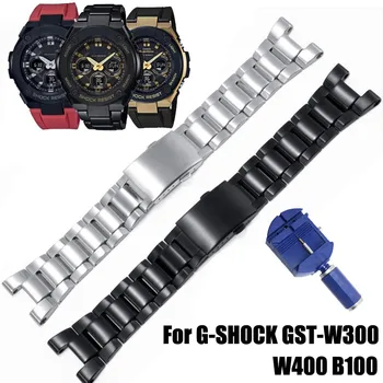 Pre Casio G-SHOCK GST-W300 W400 GST-B100 Nehrdzavejúcej Ocele Kapela GSHOCK Nahradiť Hodinky Remienok 3 Korálky Silver Black Metal Watchband