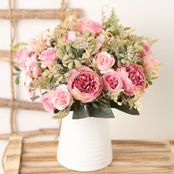 Biely Hodváb Umelé Ruže Kvety, Svadobné Domov Jeseň Dekorácia Vysokej Kvality Veľké Kytice Falošné Luxusné Kvetinové Aranžmán Bulk