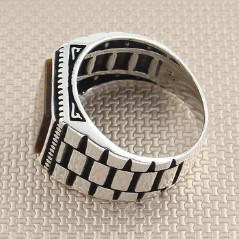Rovno Námestie Hnedé Tigrie Oko Kameň Strieborný Prsteň Mužov Silver Ring Symetrické Motív Vyrobený v Turecku Pevné 925 Sterling Silver