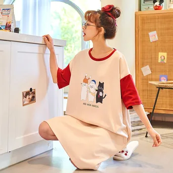 Lacné Noc Šaty Žien Sleepwear Pijama Bavlna Krátky Rukáv Cartoon Bežné kórejský Domov Nightdress Lete Nové Žien Nightgowns