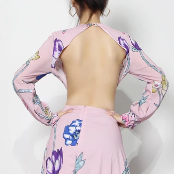 TWOTWINSTYLE Backless Vintage Šaty Pre Ženy O Krk Dlhý Rukáv Vysoký Pás Tlač na Kvetinový Slim Šaty Ženskej Módy Nové 2021