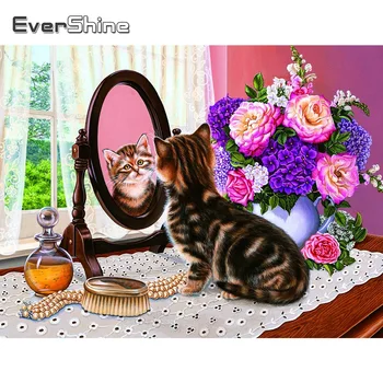 Evershine Plné Námestie Kolo Diamond Maľovanie Mačka A Kvetinové Mozaiky Umenie 5D DIY Diamond Výšivky Zvierat Domáce Dekorácie