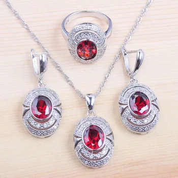 Ruský Štýl Červeným Zirkónom Svadobné Šperky Nastaviť Crystal Prívesky, Náhrdelníky Náušnice Krúžok Pre Ženy, Luxusné Strany Šperky QZ0101