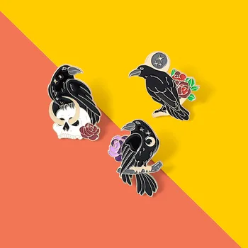 Gotická Čierna Vrana Raven Smalt Kolíky Vlastné Vták Lebky Mesiac Kvety Brošne Taška Klopě Pin Punk Odznak Šperky, Darček pre Priateľov