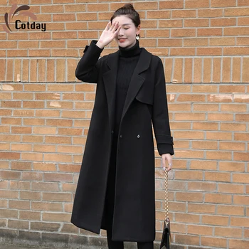 Cotday Black V Krku Voľné Veľké Pre Bežné Ženy Školy Kórejská Verzia Plus Veľkosť Dlhé Nad Kolená Ženy Vlnená Zmes Kabát