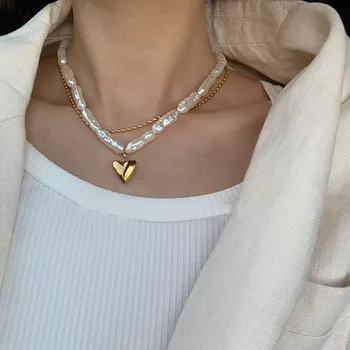 Nové Módne Nepravidelný Pearl Choker Reťazca Náhrdelník Pre Ženy Elegantné Kovové Srdce Krátke Collares Šperky Najlepší Darček Pre Ženu