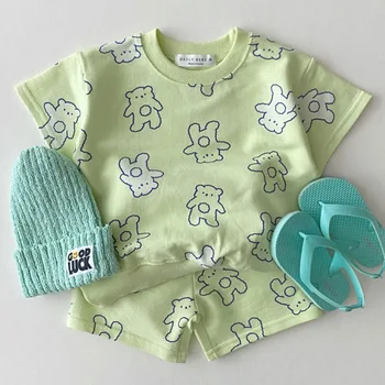 Kórejský Dieťa Roztomilý Malý Medveď Tričko Krátke Sety Batoľa Chlapec Dievča Cartoon Bavlnené Tričko + krátke Nohavice 2 ks Set detské Oblečenie Set sa