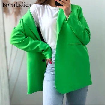 Boraladies Ženy Elegantné Nadrozmerné Zelené Sako Jar Jedno Tlačidlá Žena Voľné Sako Celý Rukáv Y2K Outwear Sako 2021