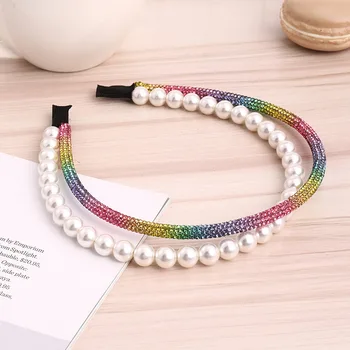 Kórejský Štýl Retro Lady Dvojité Pearl Hairband Žien Diamond Tenký Okraj Temperament Hairband Farba Anti Slip hlavový most Šperky