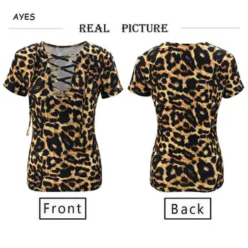 Ženy Nového Criss-Cross Obväz Tees Sexy V Krku Slim Top Femme 2020 Leopard Ptint Krátky Rukáv T-Shirts Letné Topy