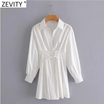 Zevity 2021 Ženy Vintage Pás Čipky Obväz Bežné Slim Záhyby Tričko Ženské Šaty Elegantné Späť na Zips, Biela Mini Vestidos DS8187