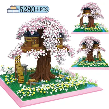 Mesto, Výhľad na Ulicu Mini Sakura Tree House MOC Model Stavebné Bloky Technické Cherry Blossom Priateľmi Tehly Hračky pre Deti Darček