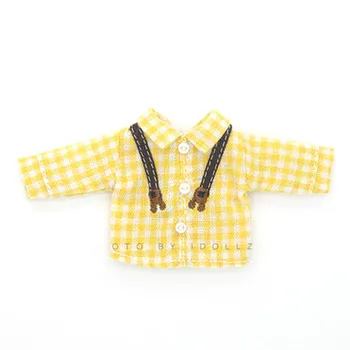 OB11 bábika šaty tričko fashion nové šaty, tričko s nepravdivé suspers skontrolovať všestranný top sivá žltá, čierna a biela farba
