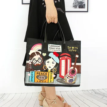 Vzor karikatúry vyšívané nylonová taška cez rameno pre ženy, ženské módne kabelky drobcov nákupné tašky bežné dámy