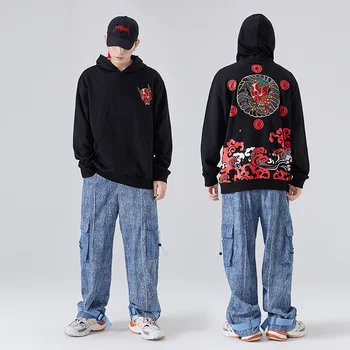 2021 Najnovšie Mužov Mikina Japonský Hip Hop Demon Vyšívané Streetwear Harajuku Hoodies Pulóver Šťastie Cloud Bavlna Pár Top