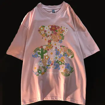 Výšivky Medveď Kaktus T Shirt Zaraing Žena 2021 Letné Voľné Nadrozmerná Krátke Rukáv Tričko Kawaii Y2k Lady Harajuku Tees Topy