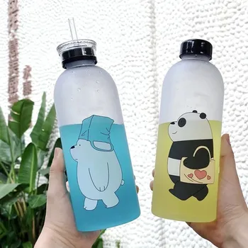 Roztomilý 1000ml Plastové Panda Bear Vzor Fľaša na Vodu Cartoon Matné Vody Pohár Drinkware Transparentné Športové Pitnou Vodou na Fľašu