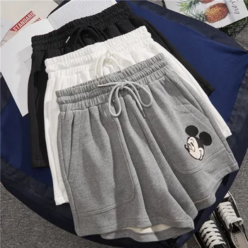 Disney Mickey Mouse Módne Bavlnená Posteľná Bielizeň Ženy Šortky Bežné Vysoký Pás Streetwear Lete Žena Krátke Nohavice S Vreckami